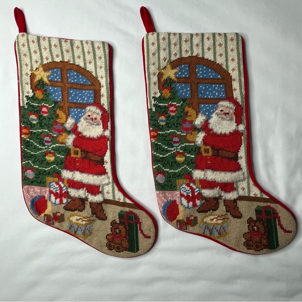 One-Handmade Wool Needlepoint Santa Christmas Stocking. Red Velvet Back.